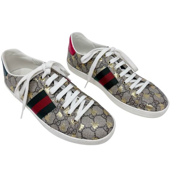 GUCCI Ace Low Top Sneaker in Beige GG Monogram Logo Bee Canvas Size EU 38.5 - Picture 1 of 11